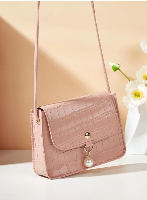 Mini Crocodile Embossed Faux Pearl Decor Flap Square Bag