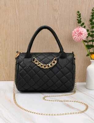Quilted Detail Chain Black Handbag, Women&#39;s Crossbody Boston Bag