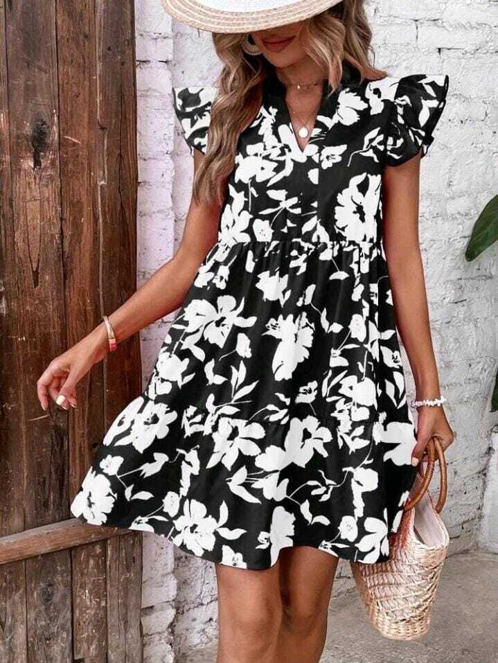 Floral Print Butterfly Sleeve Ruffle Hem Smock Dress