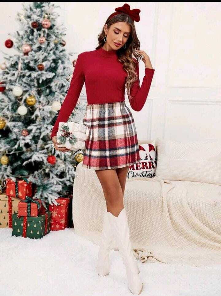 Turtleneck Top And Plaid Mini Skirt Two Piece Set