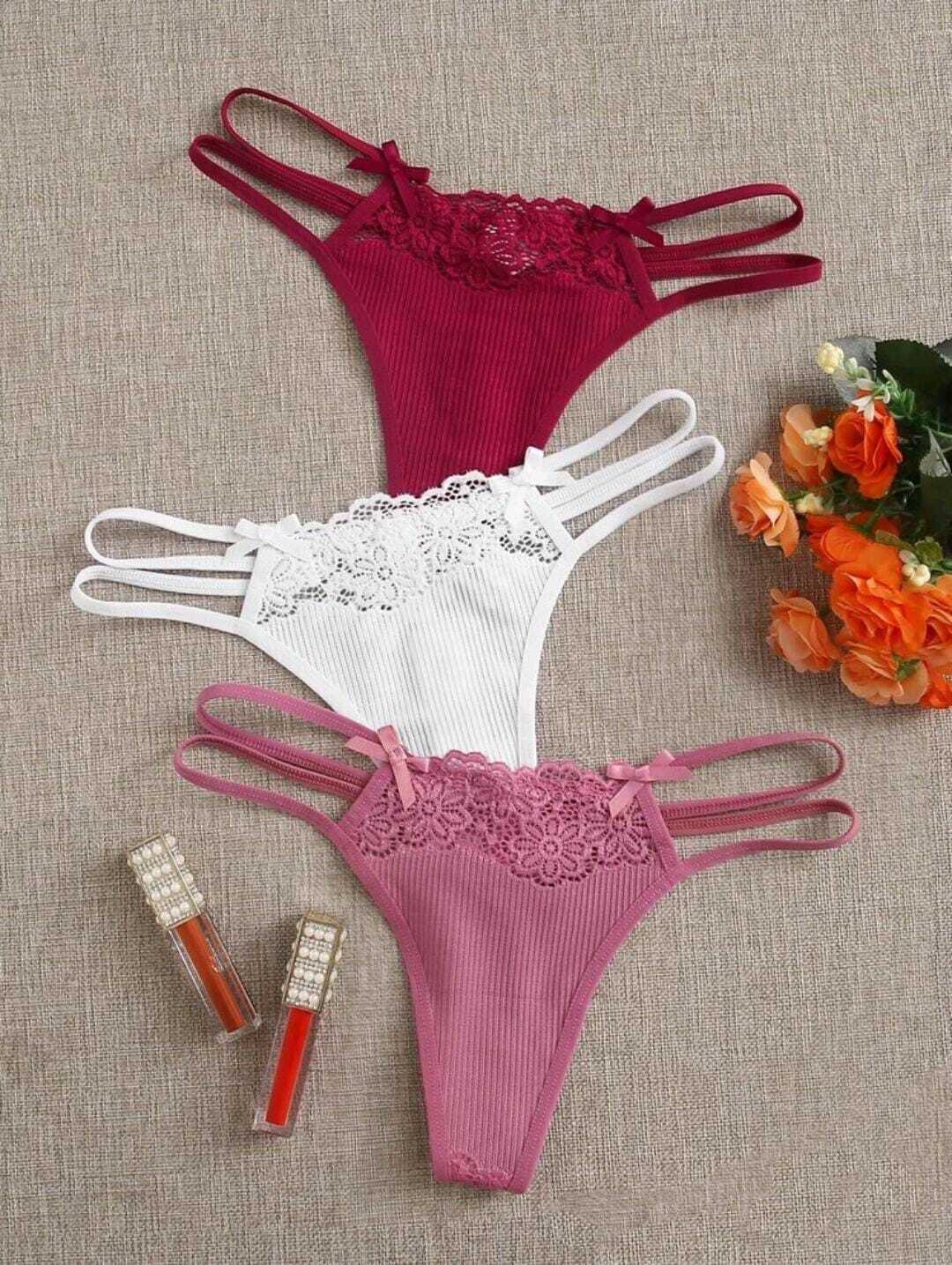 Ribbed Bow Accent Thong Panty Set - 3 Pack