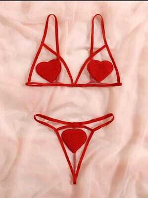 Classic Sexy Heart Patched Mesh Lingerie Set