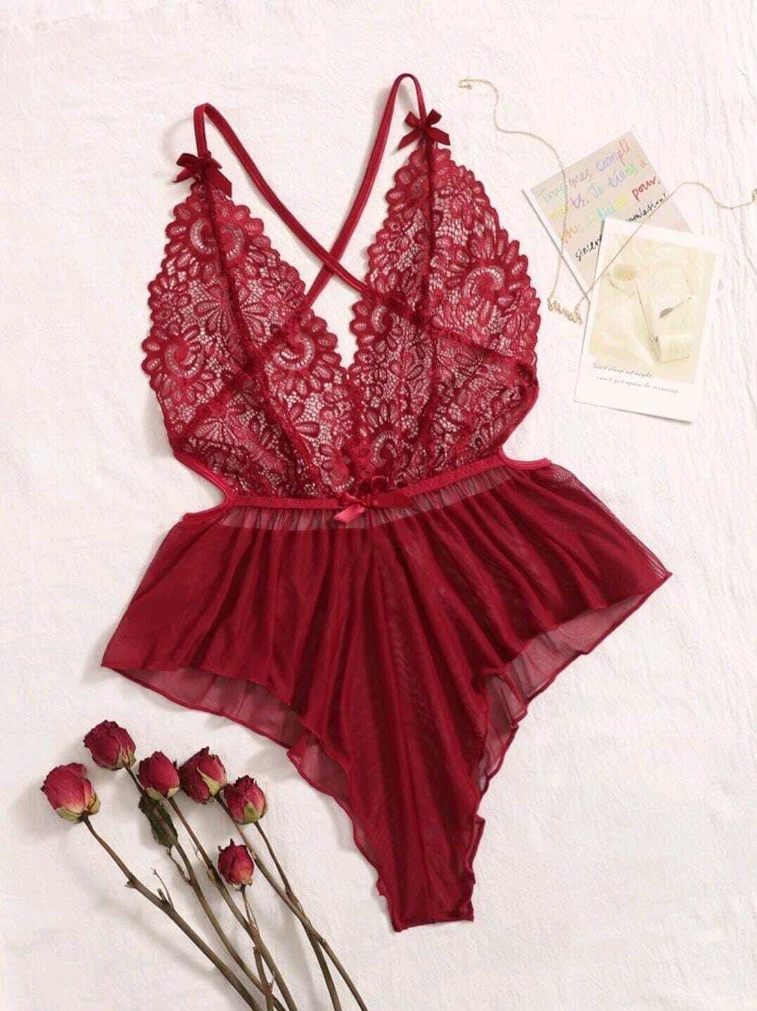  Classic Sexy Contrast Lace Sheer Mesh Backless Cross Teddy Bodysuit