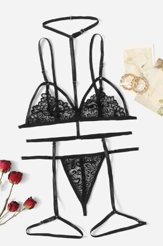 Exotic-Bondage Floral Lace Garter Lingerie Set, Size: S(4), Color: Black