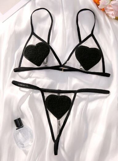 Classic Sexy Heart Patched Mesh Lingerie Set, Size: XS (2), Color: Black