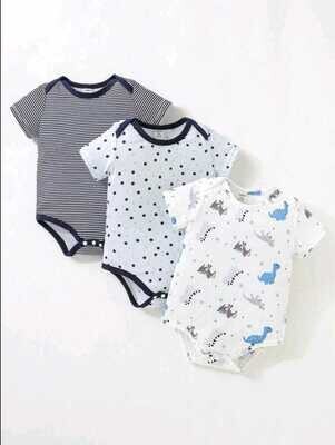 Baby Boy 3pcs Cartoon &amp; Striped Print Contrast Binding Bodysuit
