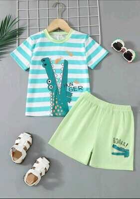 2pcs/Set Toddler Boys&#39; Casual Cartoon Crocodile &amp; Stripe Pattern Short Sleeve T-Shirt And Shorts