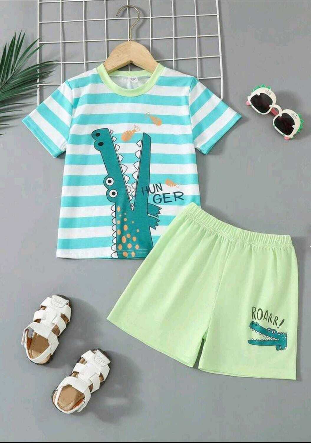 2pcs/Set Toddler Boys&#39; Casual Cartoon Crocodile &amp; Stripe Pattern Short Sleeve T-Shirt And Shorts, Size: 4Y