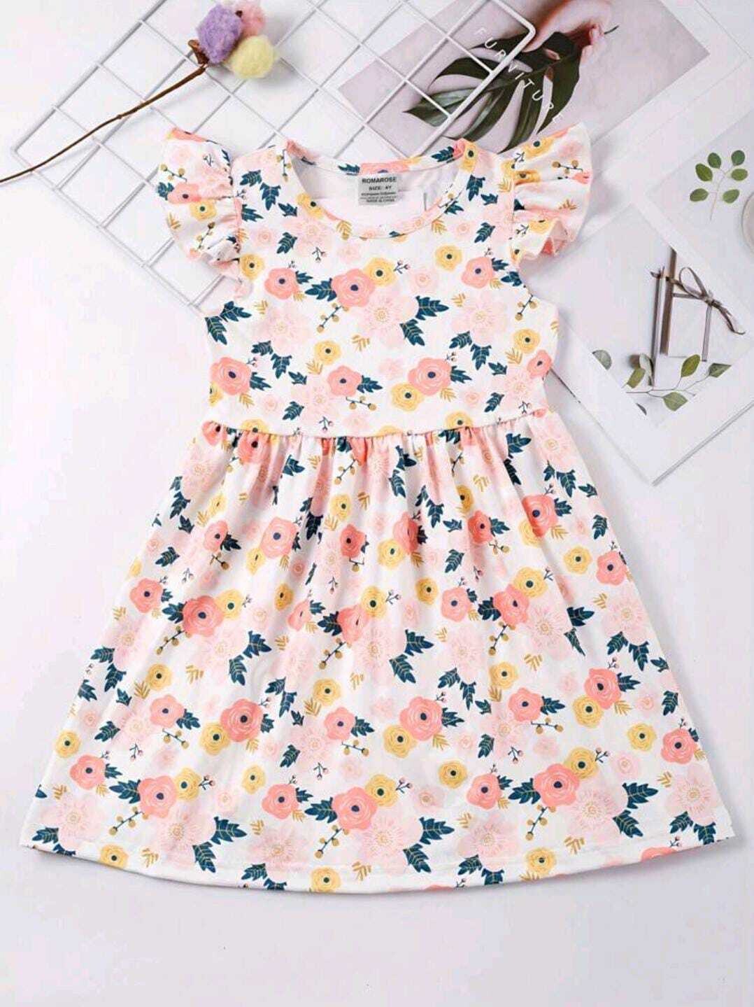 Sweet Girls Flora Print Flutter Trim Sleeveless Dress, Size: 4Y, Color: Pink- Flower Pattern