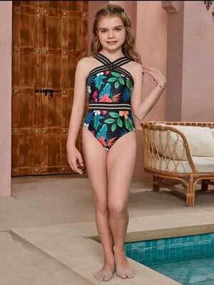 Tween Girl 1pc Tropical Print One-Piece Swimsuit