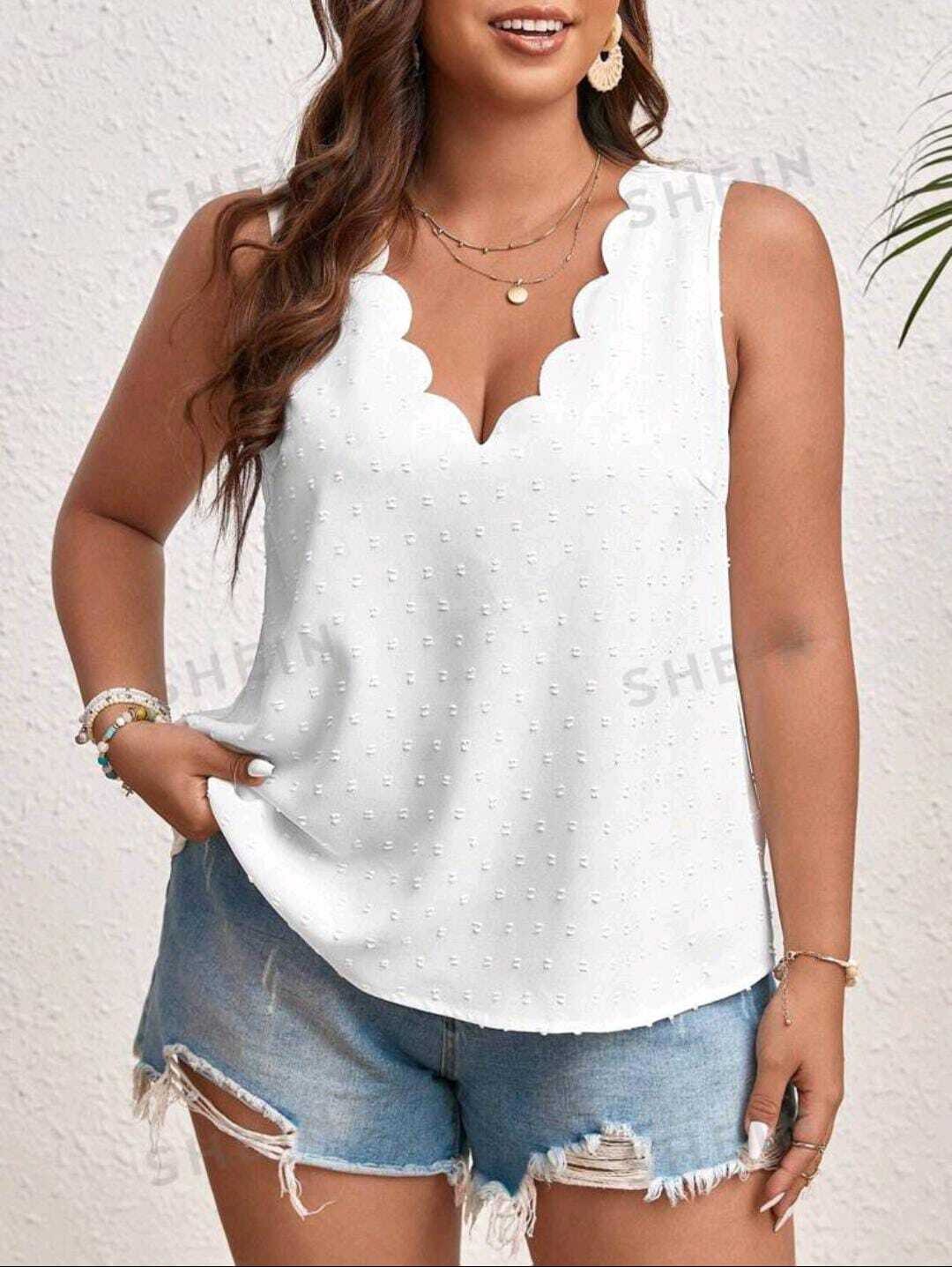 VCAY Plus Swiss Dot Scallop Trim Blouse