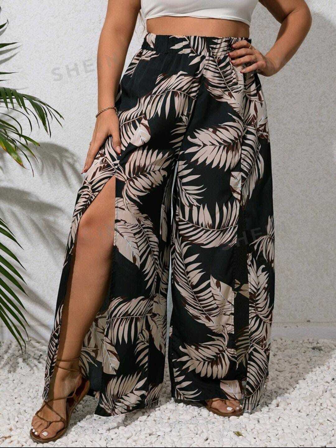 VCAY Plus Tropical Print Split Thigh Wide Leg Summer Pants