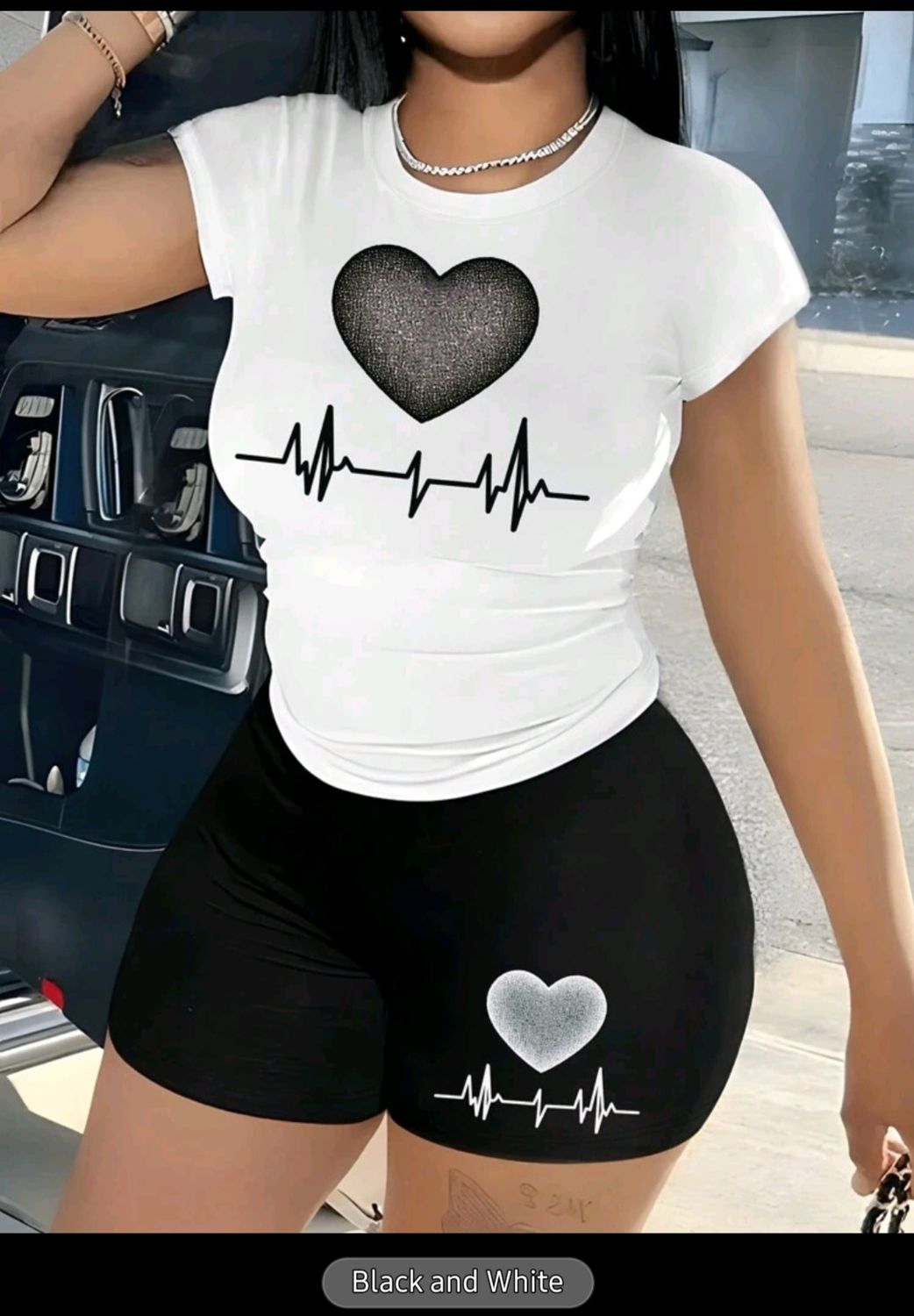 2pcs Heart Print Fitted Cropped Top Set