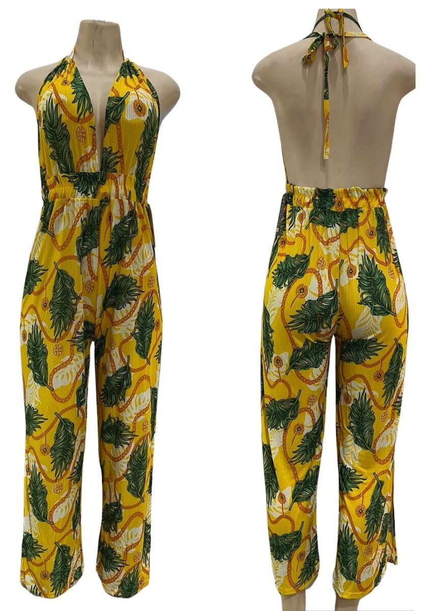 Sleeveless Open Back Deep V-Neck Wide Leg Pants Jumpsuit Romper, Size: M, Color: Yellow