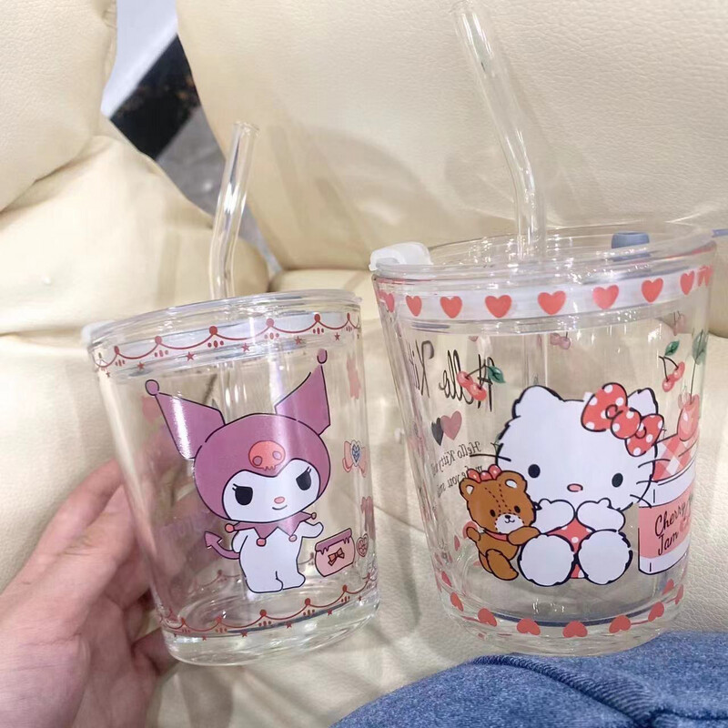 Sanrio Glass Cup with Straw and Lid Kuromi Cinnamoroll HelloKitty Water Bottle