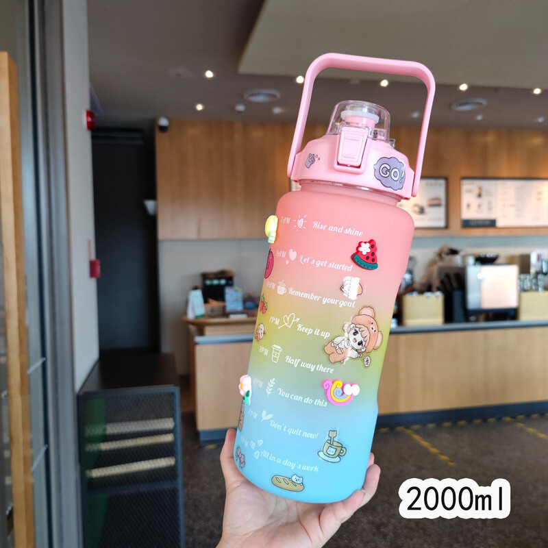Two color Gradient Color Water Bottle Frosted Cups Large Capacity Sports Water Bottle Straight drinking Straw Double Drinking Cups 2000ml 2L