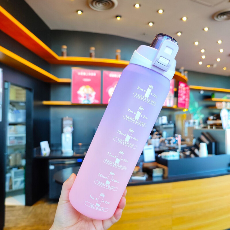 Two color Gradient Color Water Bottle Frosted Cups Large capacity Sports Water Bottle Straight drinking Straw Double Drinking Cups 1000ml 1L