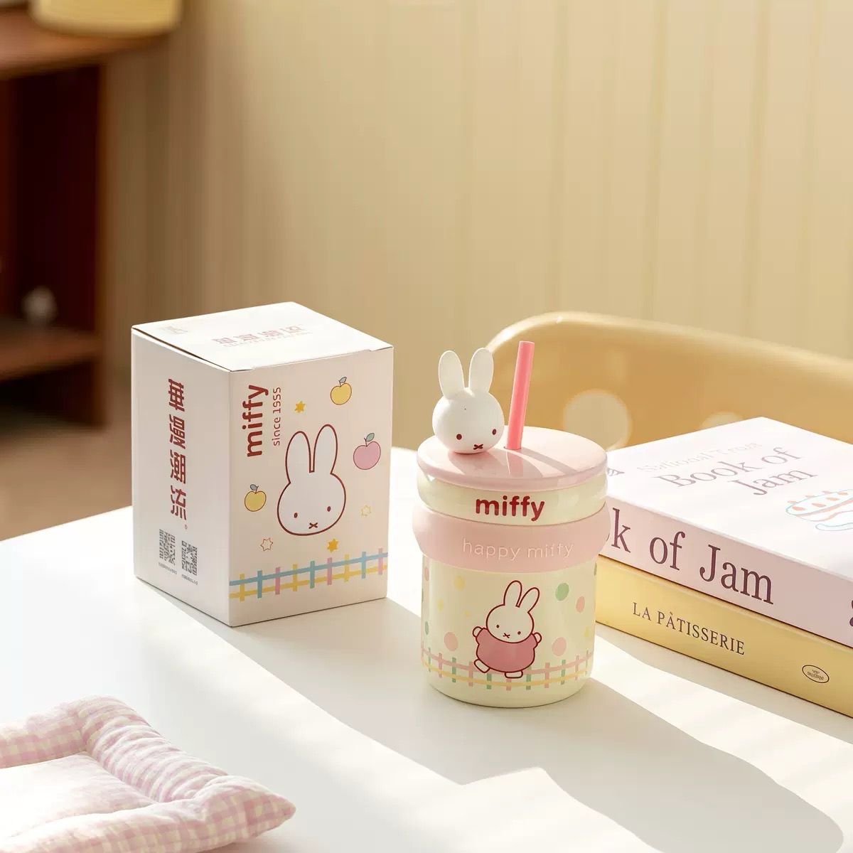 MIFFY Ceramic Mug with Straw Office Commuter Mug Home Use Adorable Student &amp; Office Worker Coffee Mug