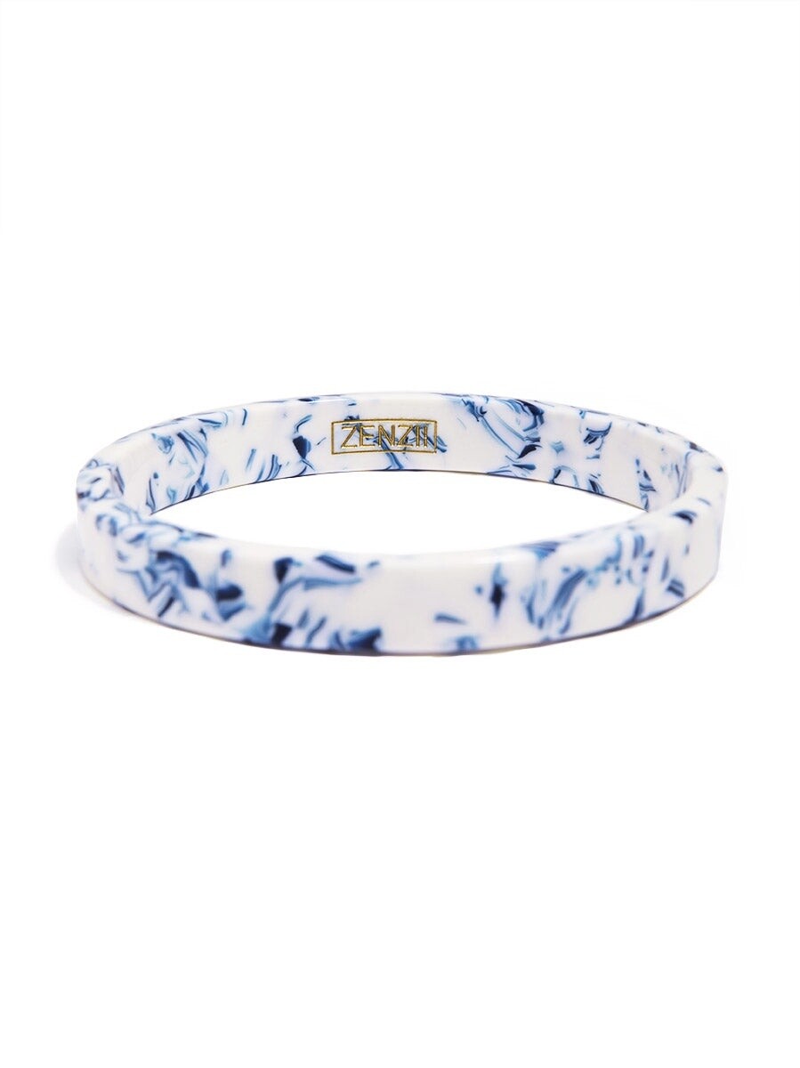 Acetate Bangle Bracelet W/Blue&White Marble Pattern