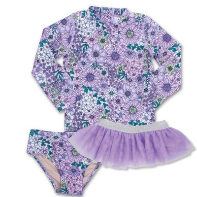 Mod Purple Floral W/ TuTu Girls Two Piece Rashguard Set