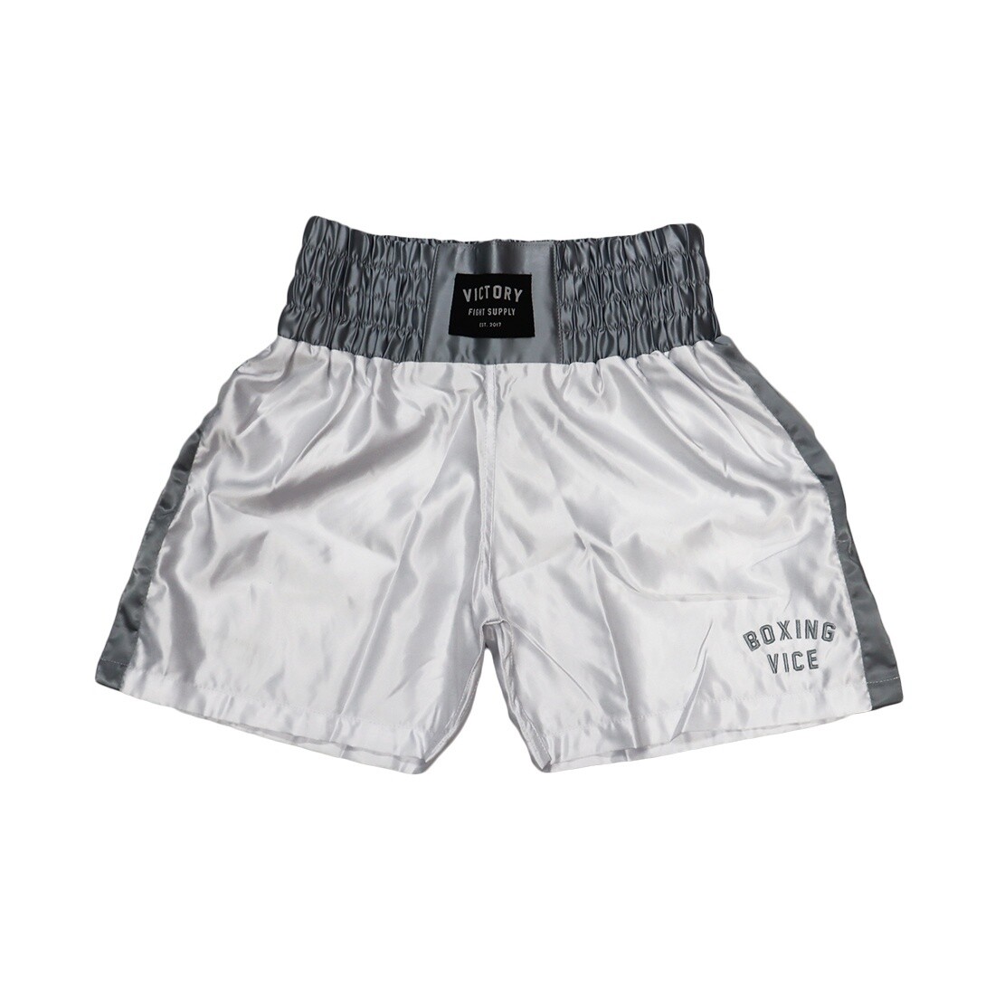 VICTORY BOXING SHORTS VICE SERIES SHORTER HYBRID CUT WHITE/SILVER