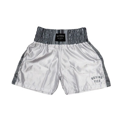 VICTORY BOXING SHORTS VICE SERIES SHORTER HYBRID CUT WHITE/SILVER