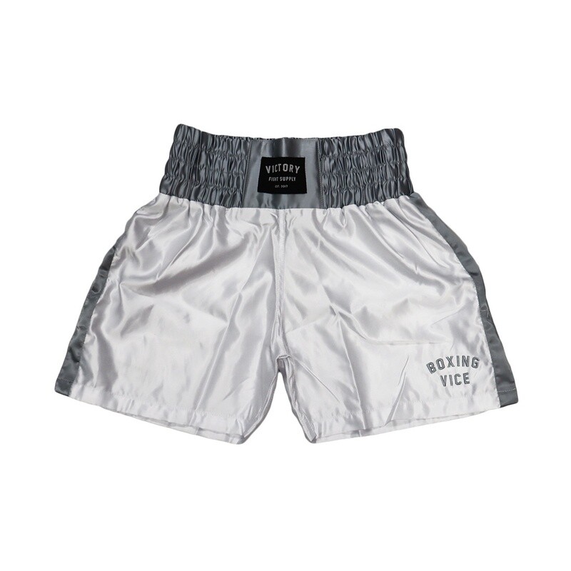 VICTORY BOXING SHORTS VICE SERIES SHORTER HYBRID CUT WHITE/SILVER