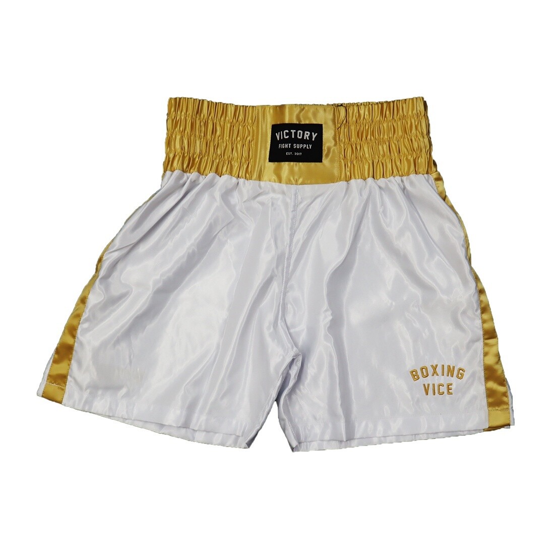 VICTORY BOXING SHORTS VICE SERIES SHORTER HYBRID CUT WHITE/GOLD