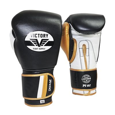 VICTORY GLOVES SAVAGE V2 LEATHER HOOK AND LOOP BLACK/WHITE/GOLD