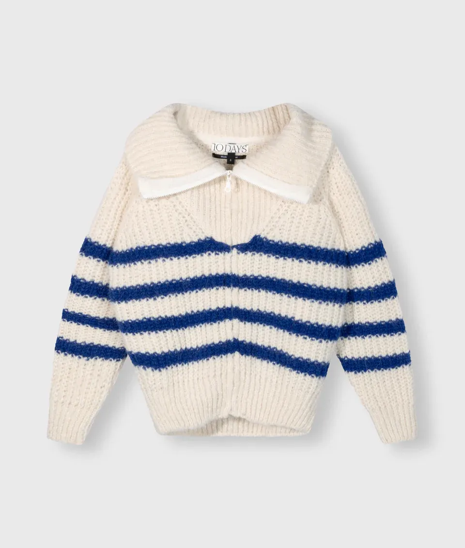 10 Days zip cardigan knit stripes ecru-true blue