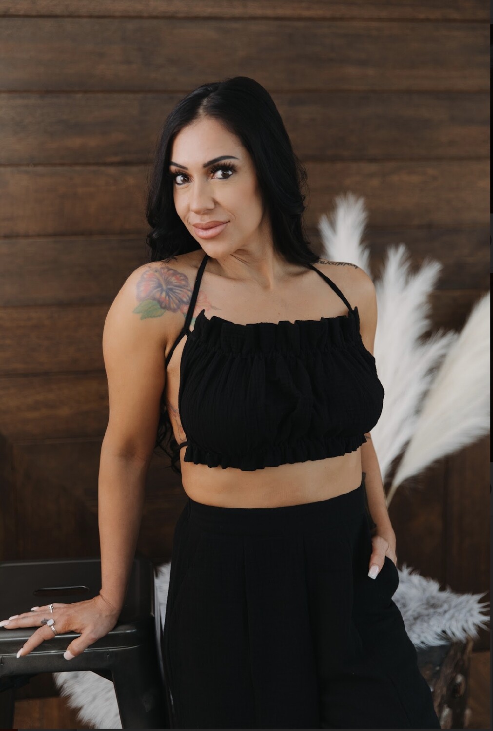 Black Cotton bubble high rise w/ high slit pants (pockets)