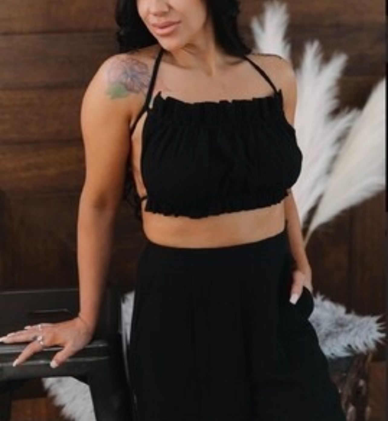 Black Cotton bubble high rise w/ high slit pants (pockets)