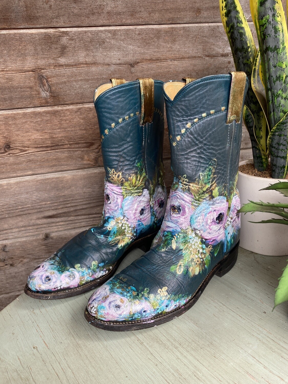 Hand Painted Boots: Teal & Pink