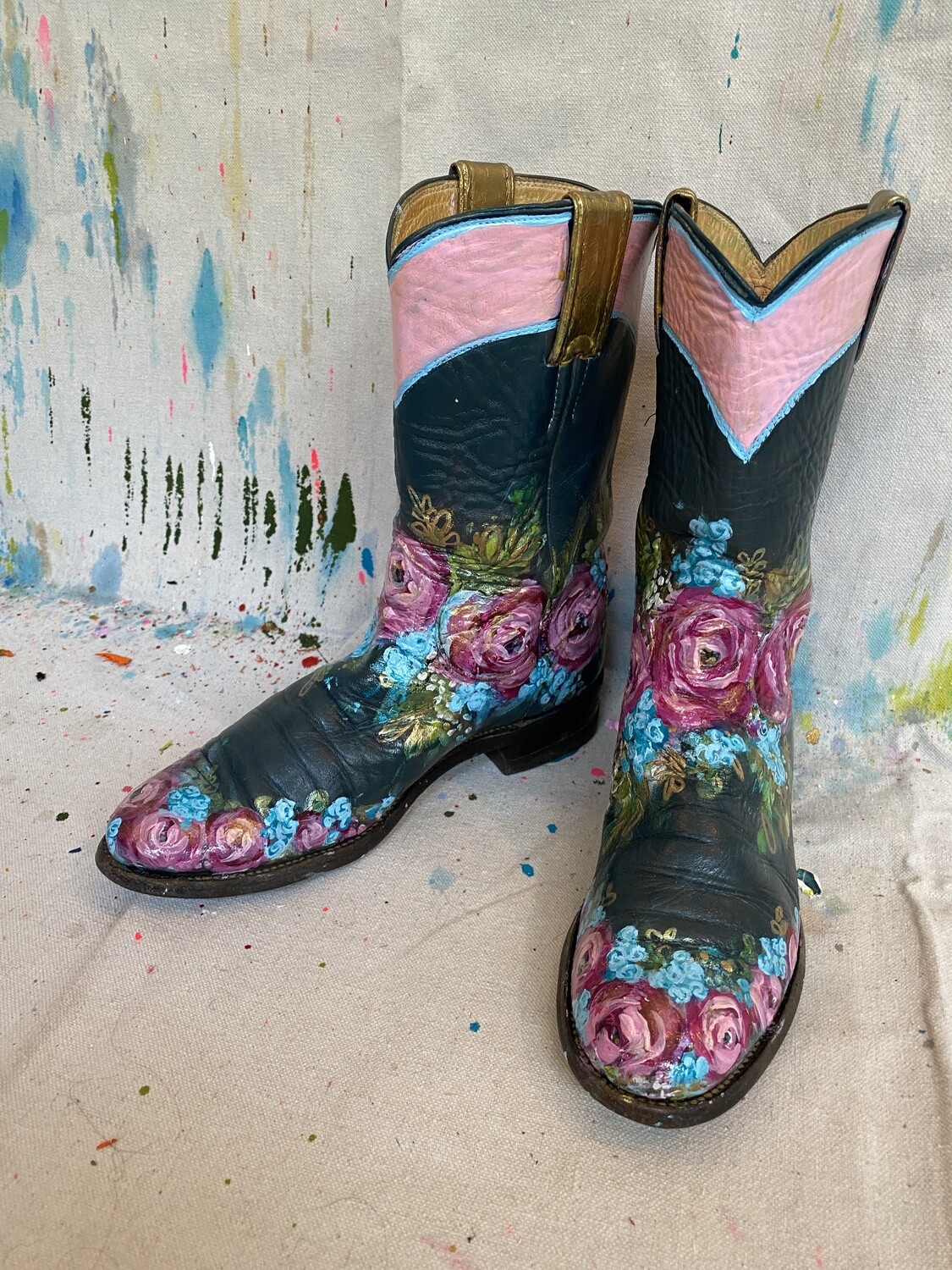 Hand Painted Boots: Teal & Pink | 6.5