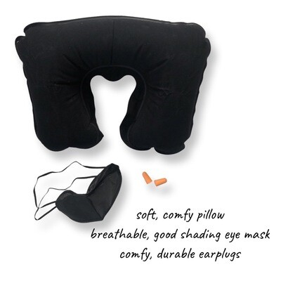 U Shape Inflatable Travel Neck Pillow with Eye Mask, Black