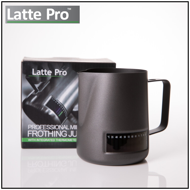 480mL Professional Matte Black Milk Frothing Jug with Integrated Thermometer Stainless Steel by LATTE PRO