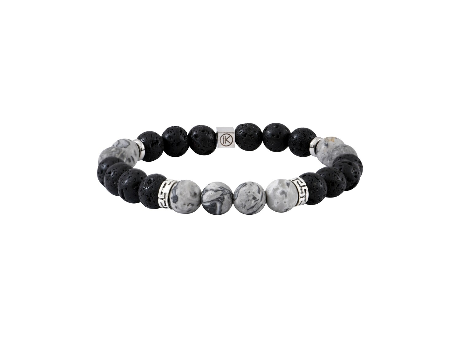 Bracelet jaspe paysage gris et pierre de lave