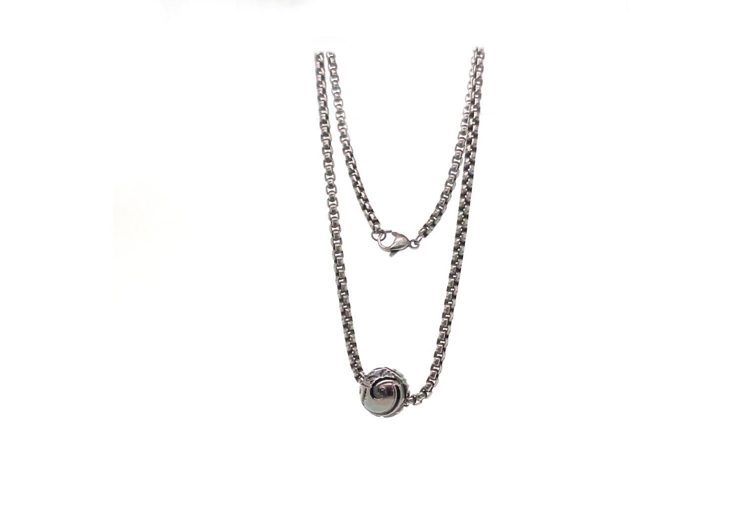 Collier chaine acier perle de Tahiti percée de part en part