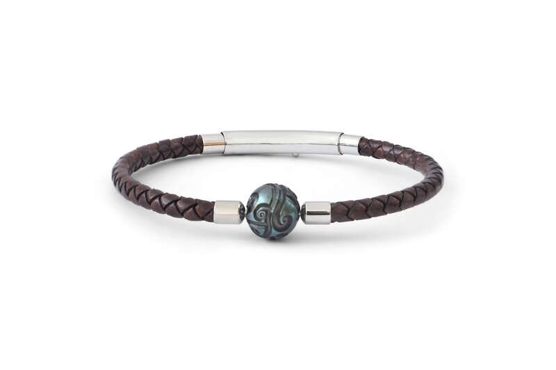 Bracelet cuir tressé chocolat perle de Tahiti gravée