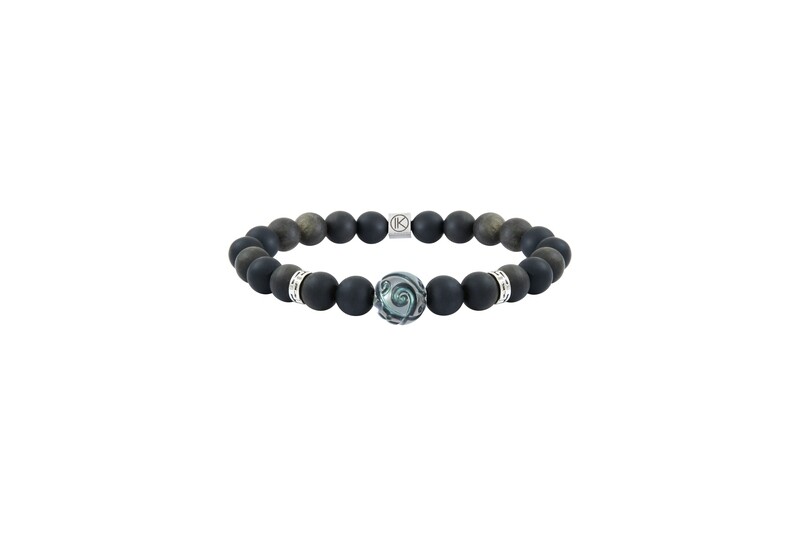 Bracelet obsidienne dorée et perle de Tahiti gravée