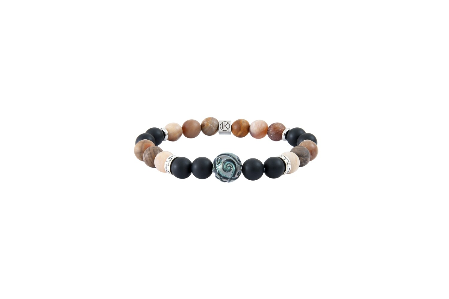 Bracelet agate noire et bois fossilisé et perle de Tahiti gravée