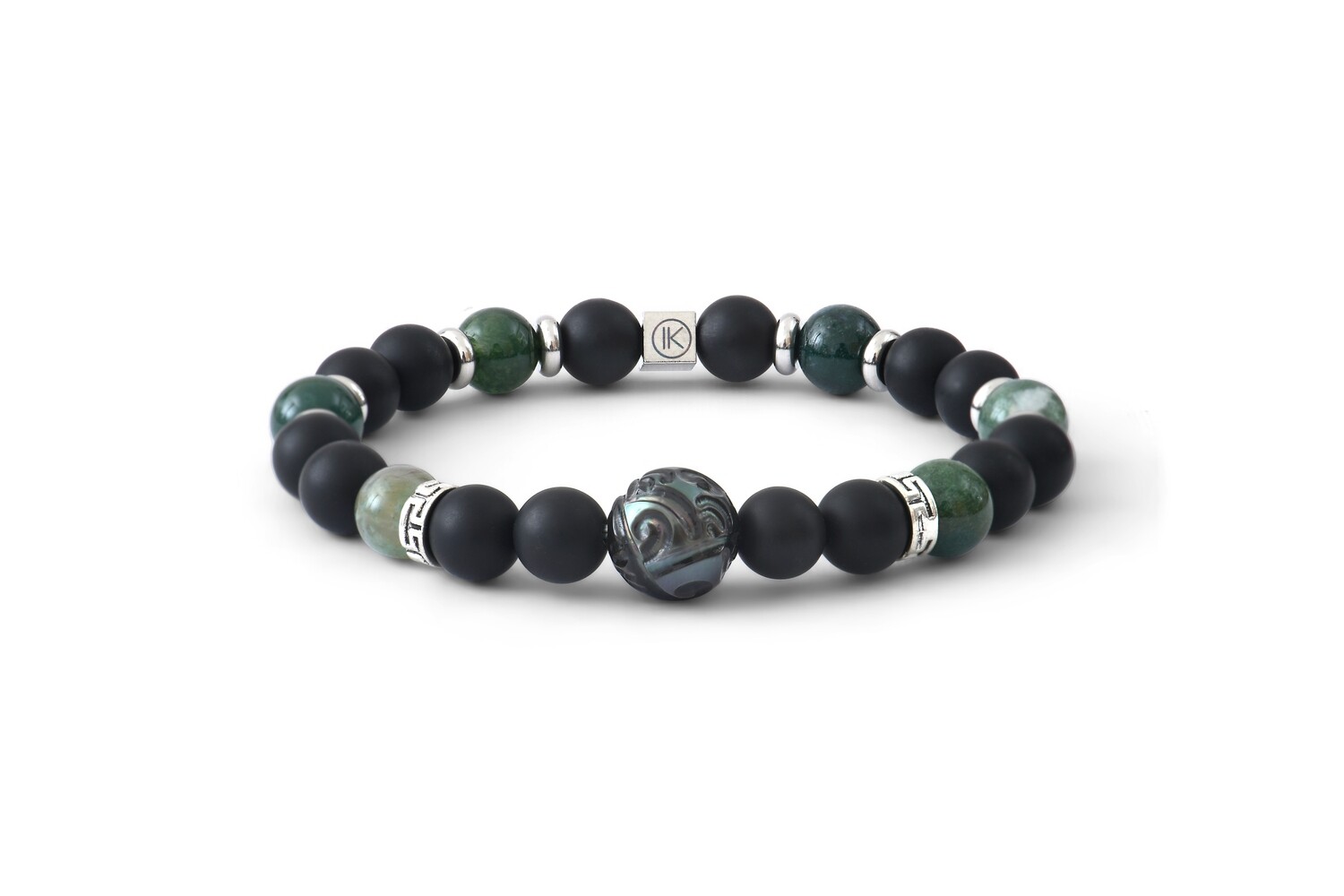 Bracelet agate noire et mousse et perle de Tahiti gravée