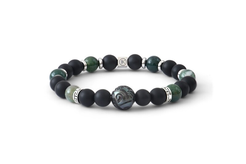 Bracelet agate noire et mousse et perle de Tahiti gravée