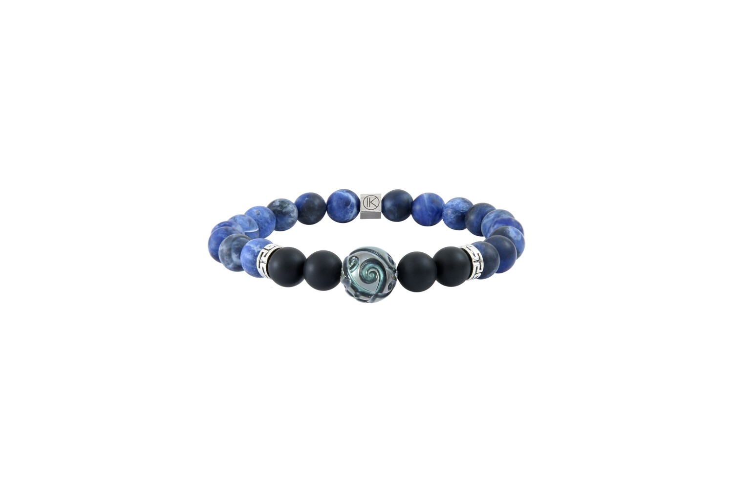 Bracelet agate noire sodalite et perle Tahiti gravée
