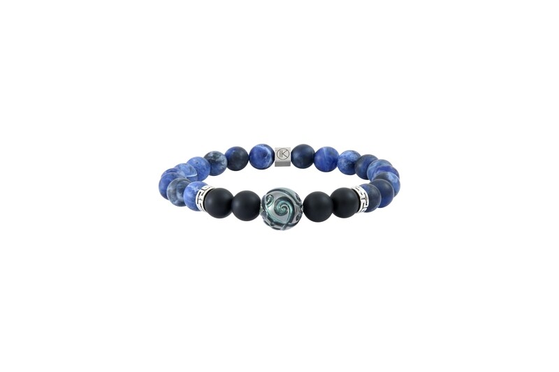 Bracelet agate noire sodalite et perle Tahiti gravée