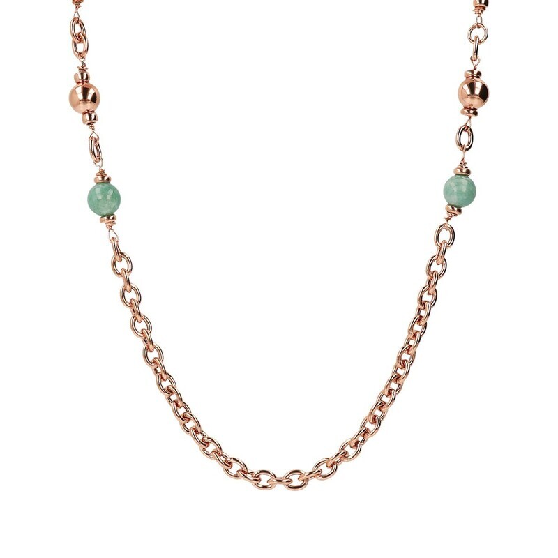 Collier Chaîne Rolo et Maillons Rectangulaires avec Sphères en Pierre Naturelle Quartzite