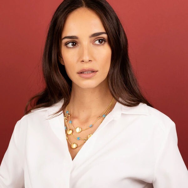 Collier Gourmette Multi-rangs avec Sphères Dorées et Quartz Pierre Naturelle