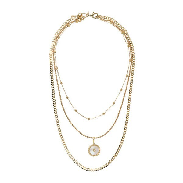 Collier Multirang Chaînes Mixtes avec Pendentif Rond en Nacre Blanche