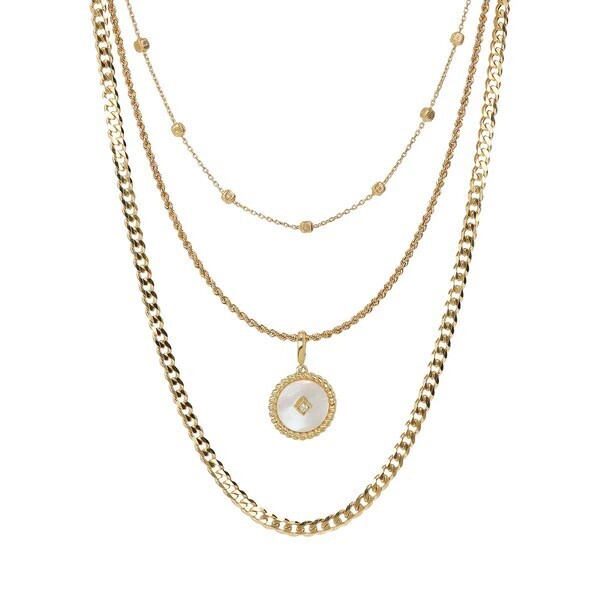 Collier Multirang Chaînes Mixtes avec Pendentif Rond en Nacre Blanche