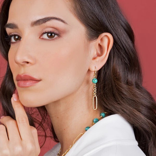 Boucles d'Oreilles Pendantes à Maillons Alternés avec Pierres Naturelles